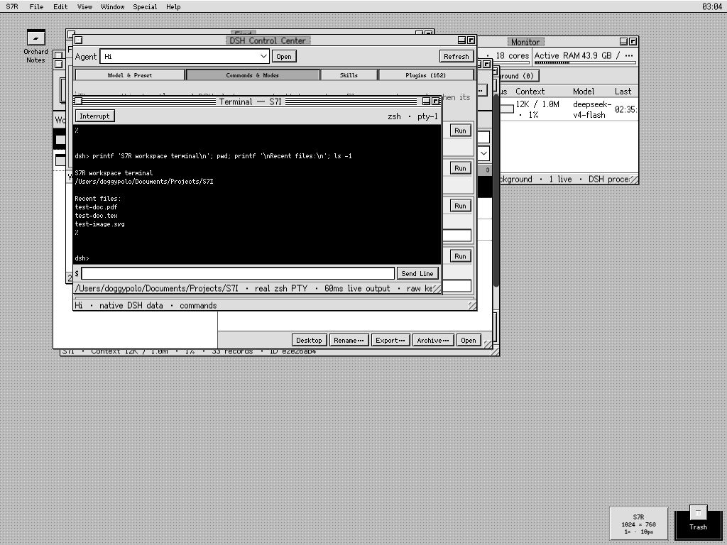 A real zsh Terminal overlapping native DSH Commands and Modes, Find, Knowledge Desk, and Monitor