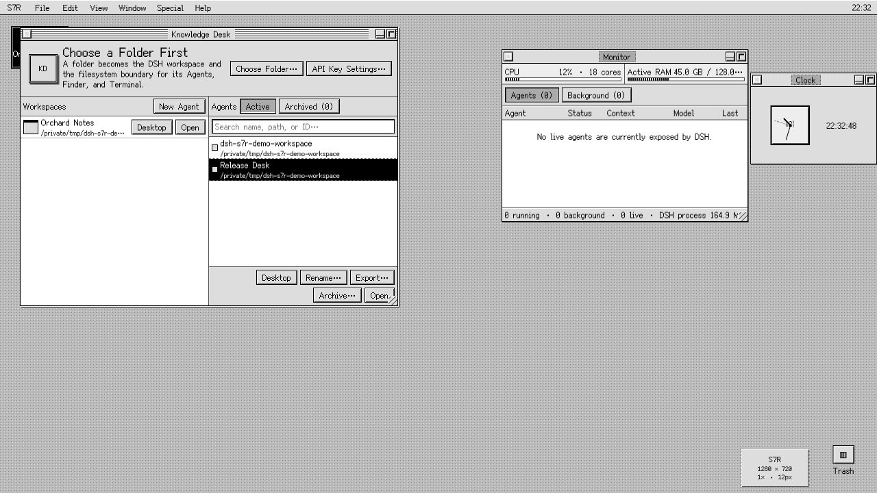A naturally arranged S7R desktop with Knowledge Desk, Monitor, Clock, and Trash