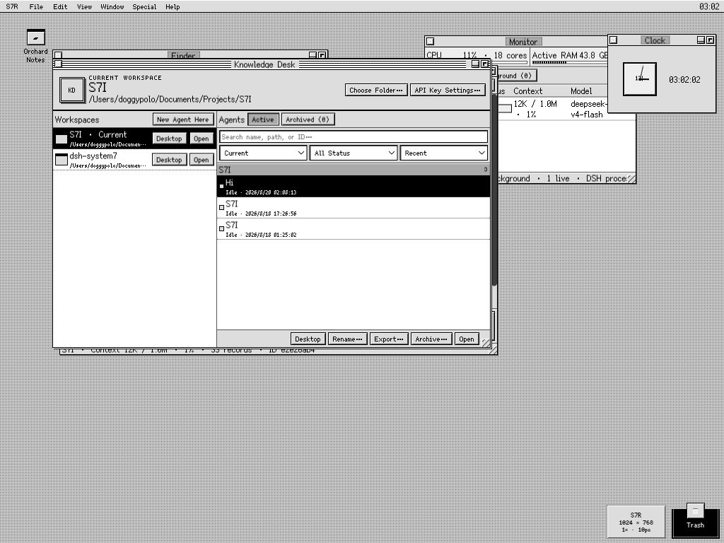 An Expanded S7R desktop with Knowledge Desk naturally overlapping an Agent, Finder, Monitor, and Clock