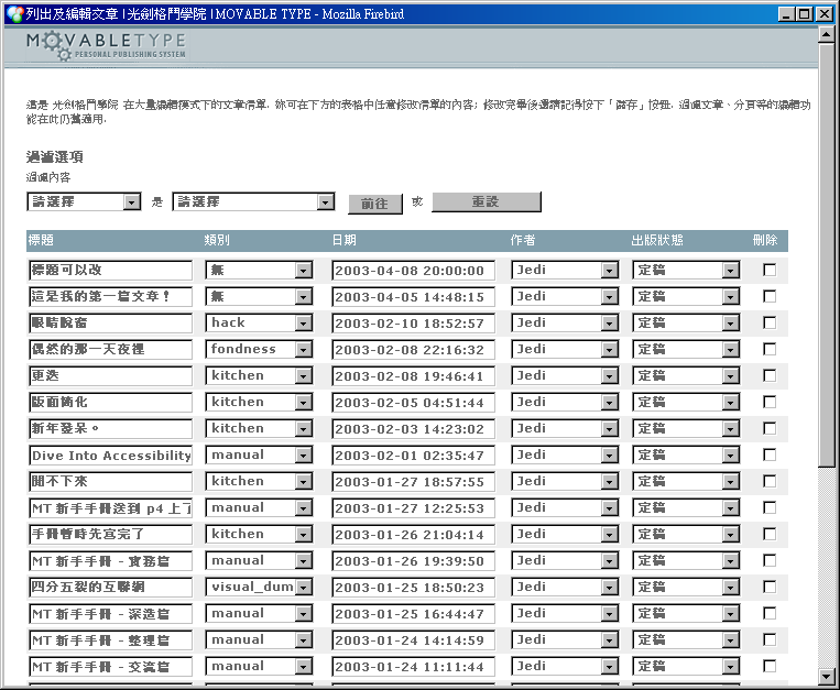 「大量編輯模式」視窗，可以編輯文章標題、類別、日期、作者和出版狀態