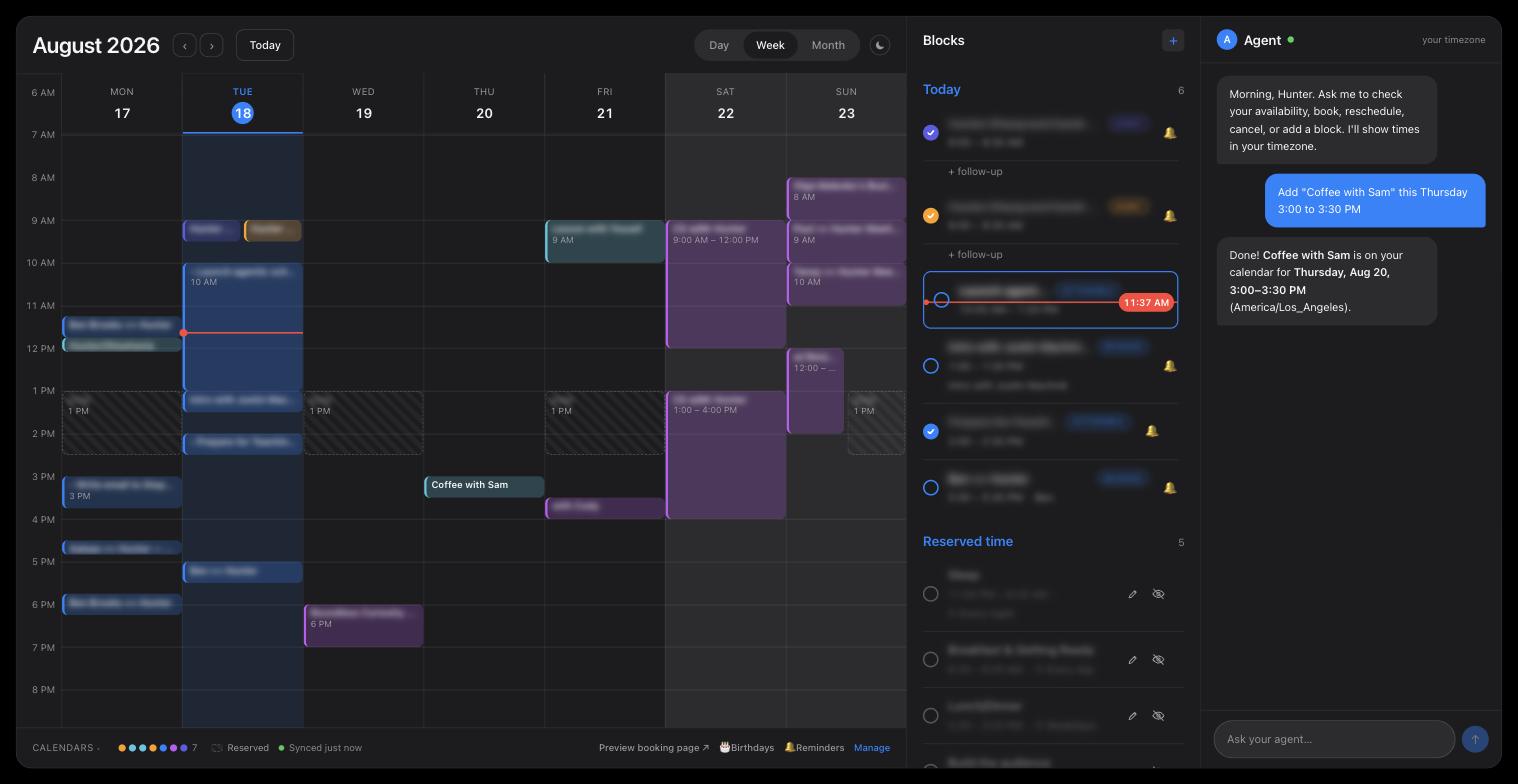 A plain-text request in the dashboard agent panel and the new event landing on the calendar