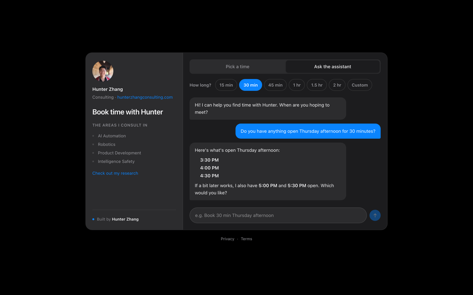 The assistant answering an availability question with open slots