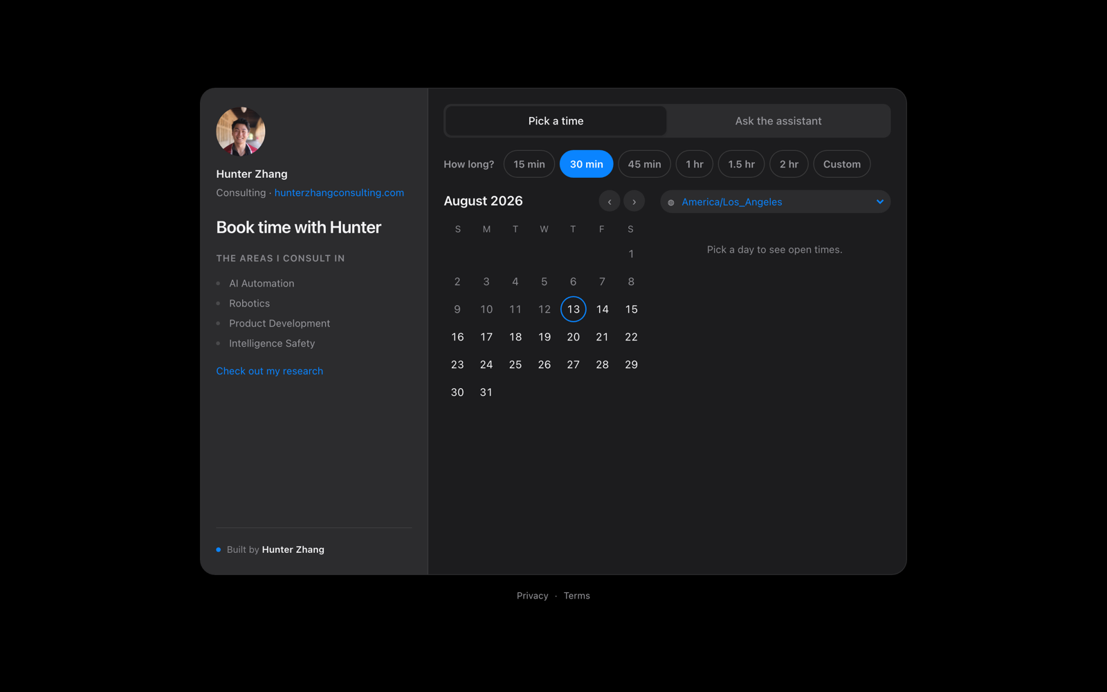 The public booking page: profile rail on the left, duration picker and month calendar on the right