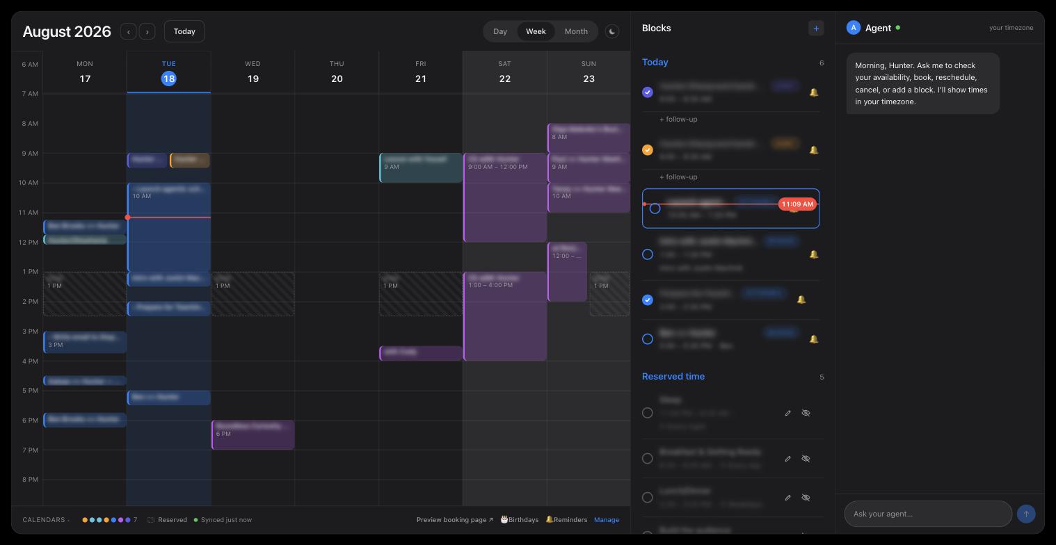 The dashboard: week view with events, bookings, and time blocks from every account, beside the day's agenda and the agent panel. Titles blurred.