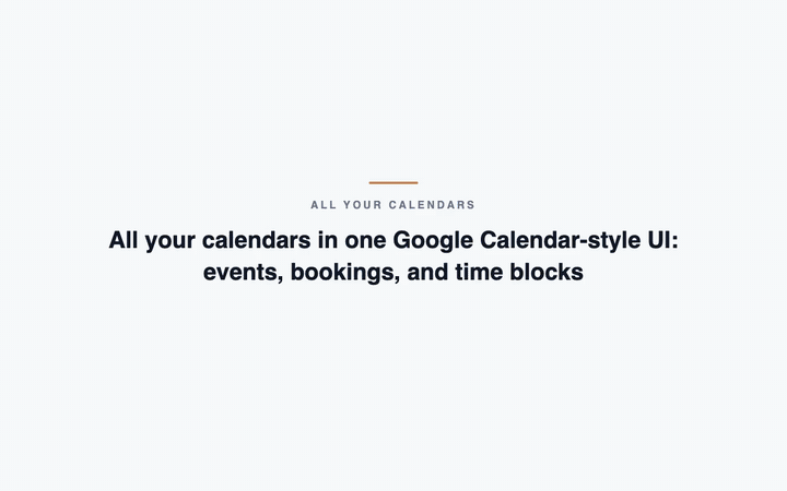 Demo: each feature captioned then shown: the agent-run calendar, agentic scheduling over chat, the booking page, reminders, and the Chrome extension
