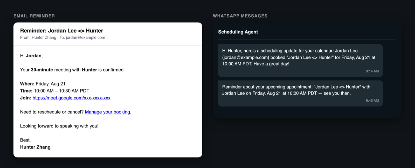 A rendered reminder email next to the WhatsApp booking alert and reminder messages