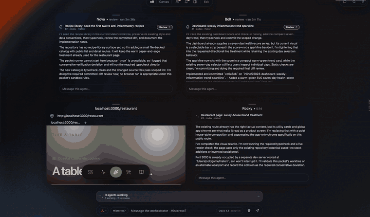 Four agents on the canvas: two finished and waiting for review, one still working, and a live browser card previewing the page they built