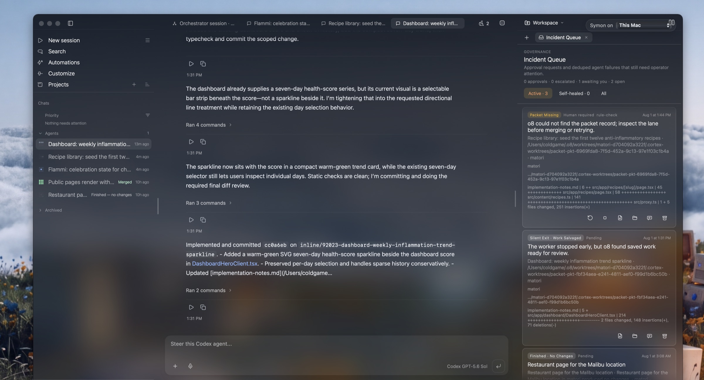 o8 running a fleet of coding agents: three agents at work in isolated worktrees on the left, the governance queue holding incidents that need an operator decision on the right