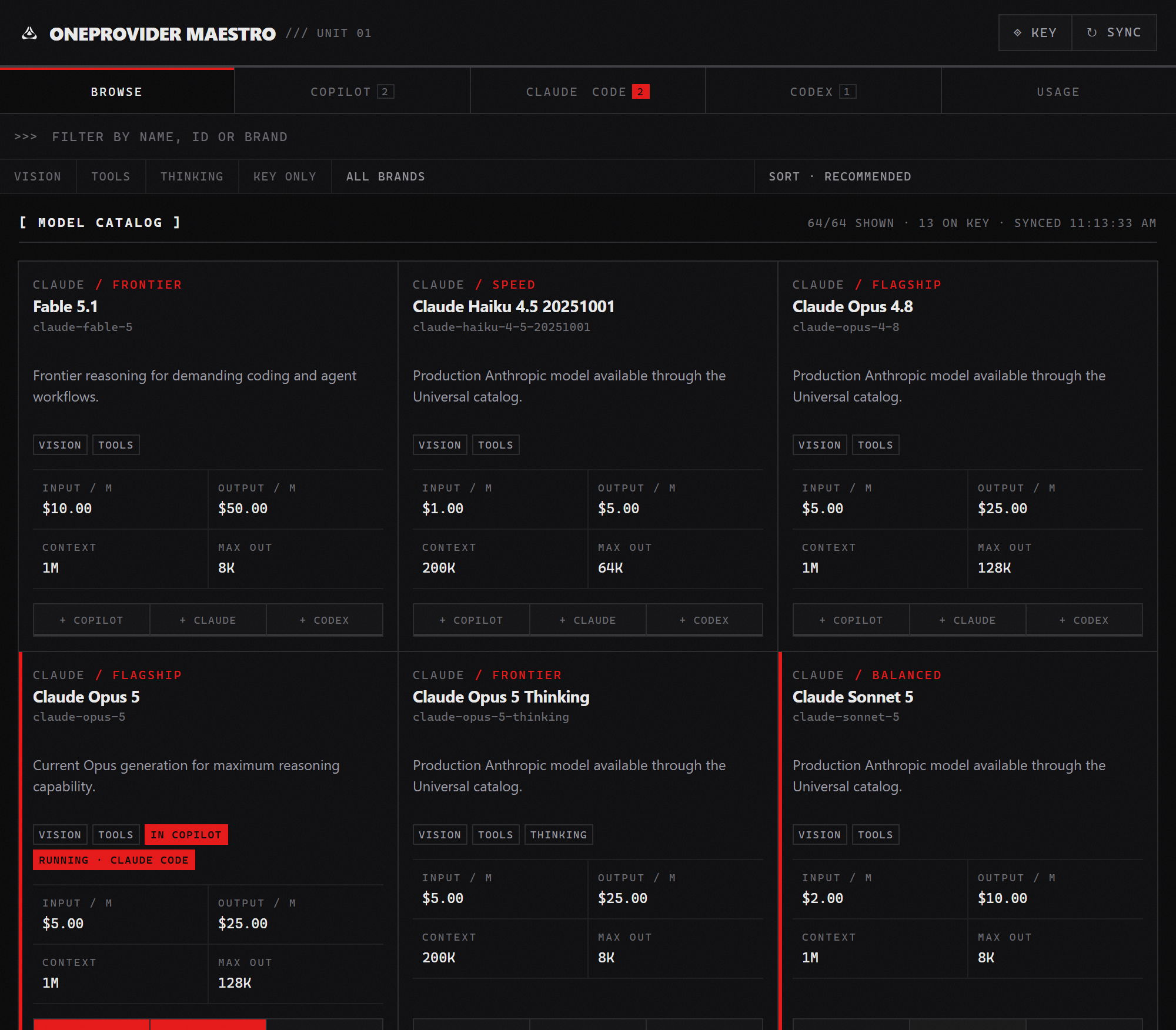 Browsing the OneProvider catalog with per-million pricing, context windows and one-click agent targets