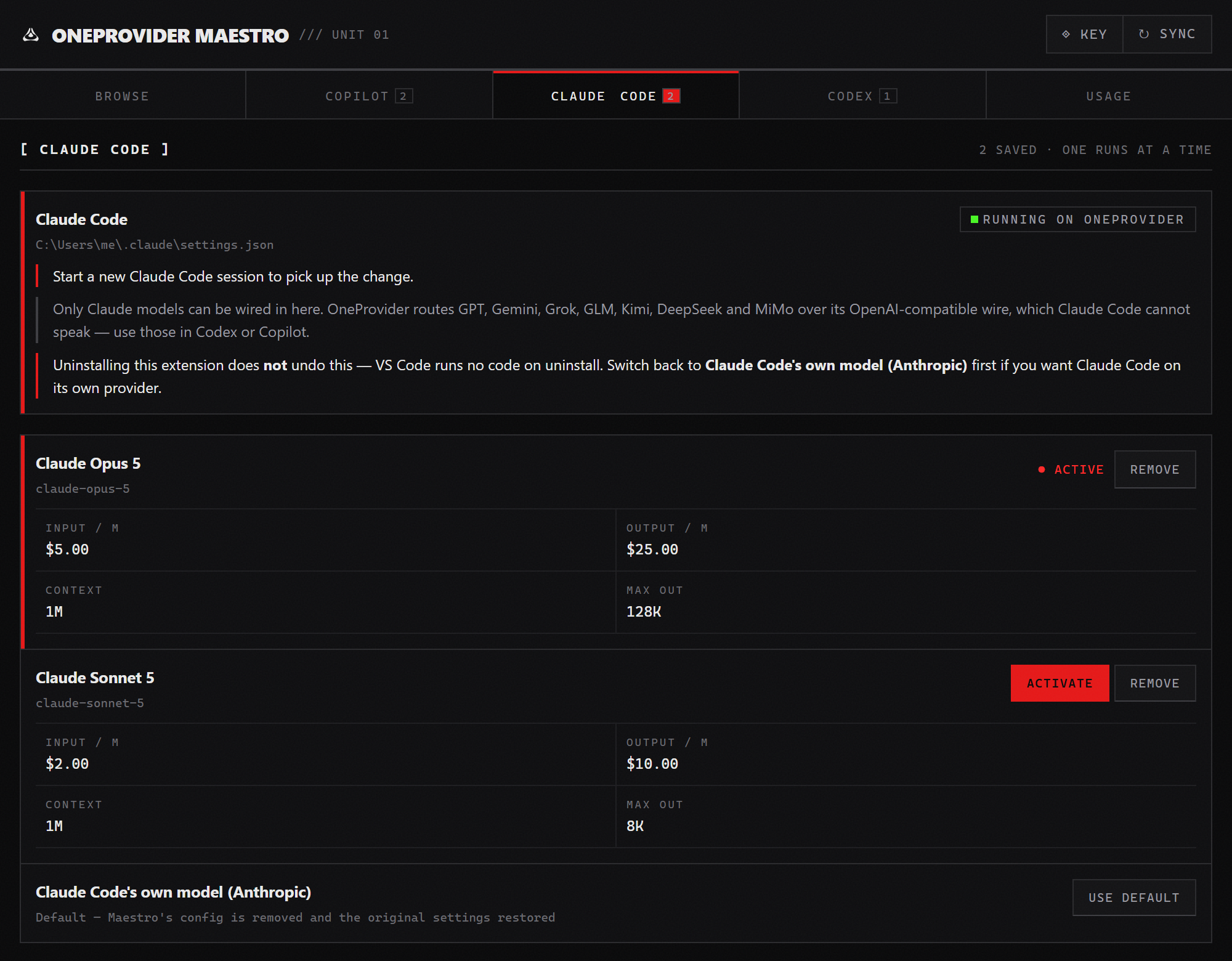The Claude Code tab with a saved model list, one active and the rest waiting