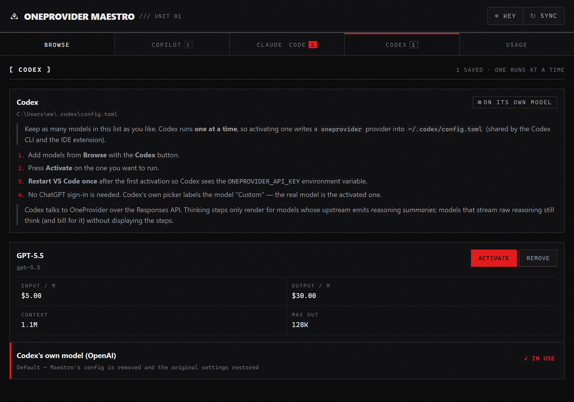 The Codex tab running on its own model, with a saved model ready to activate