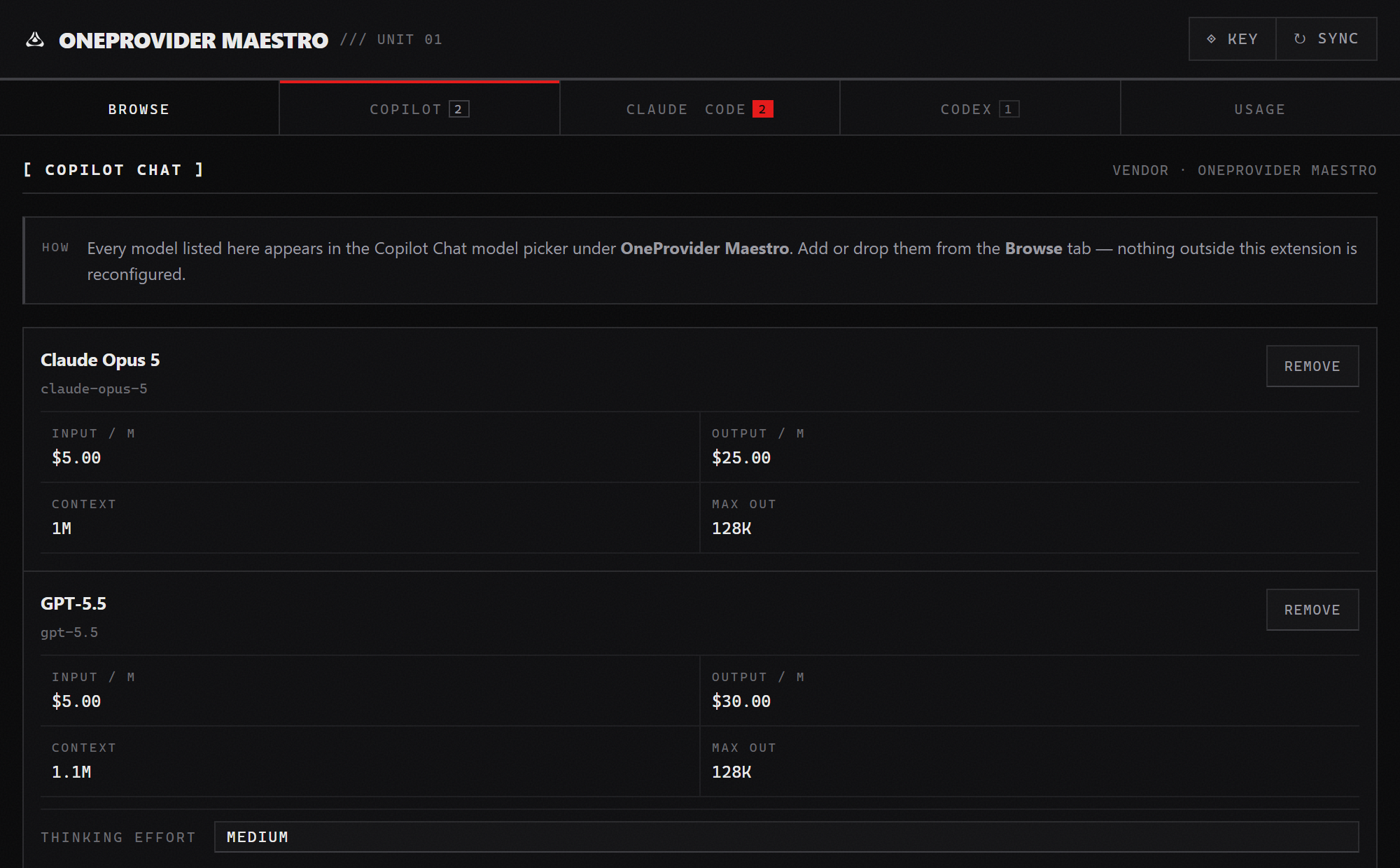 The Copilot tab listing two models that are live in the Copilot Chat picker