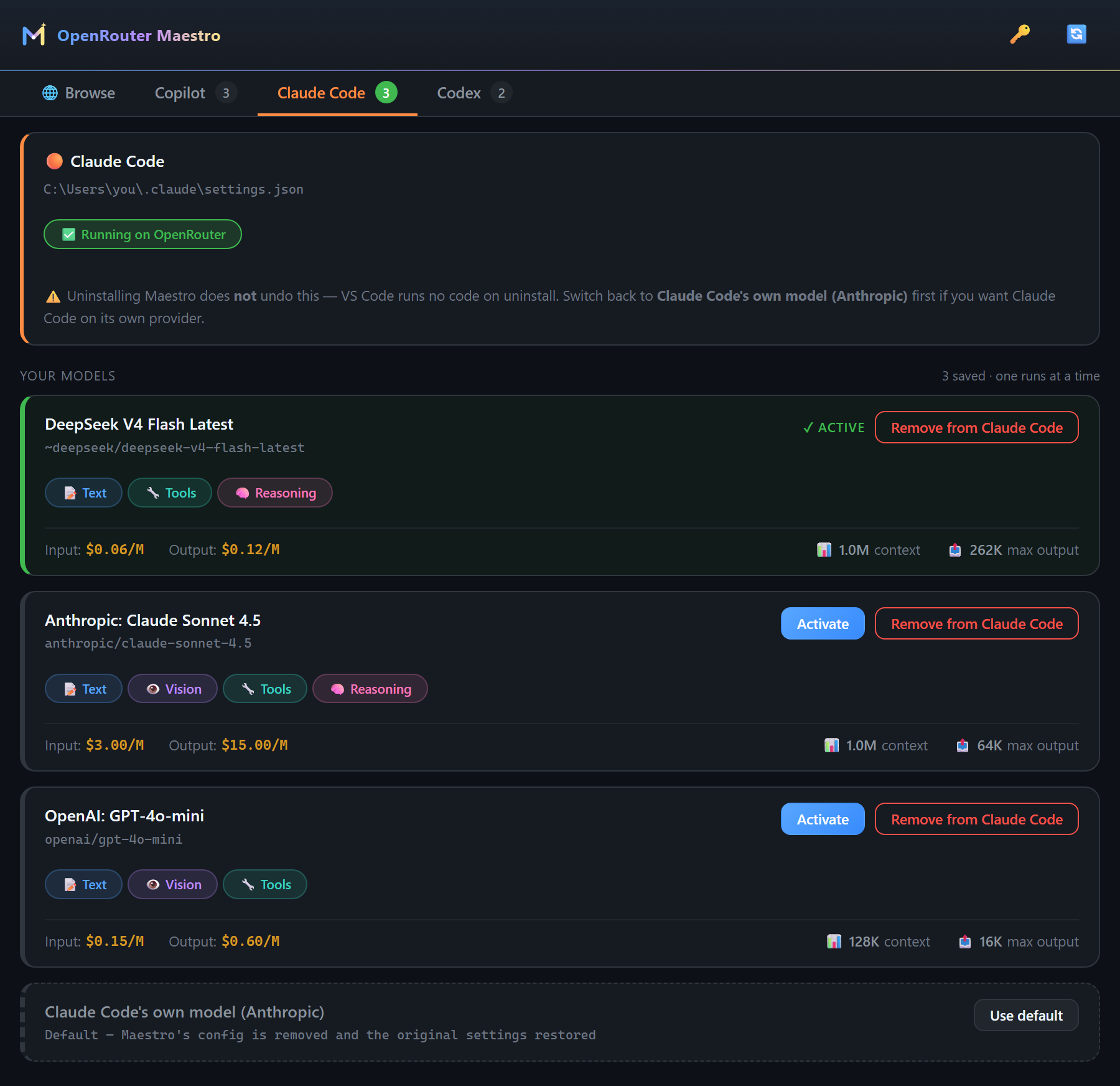 The Claude Code tab with a saved model list, one active and the rest waiting