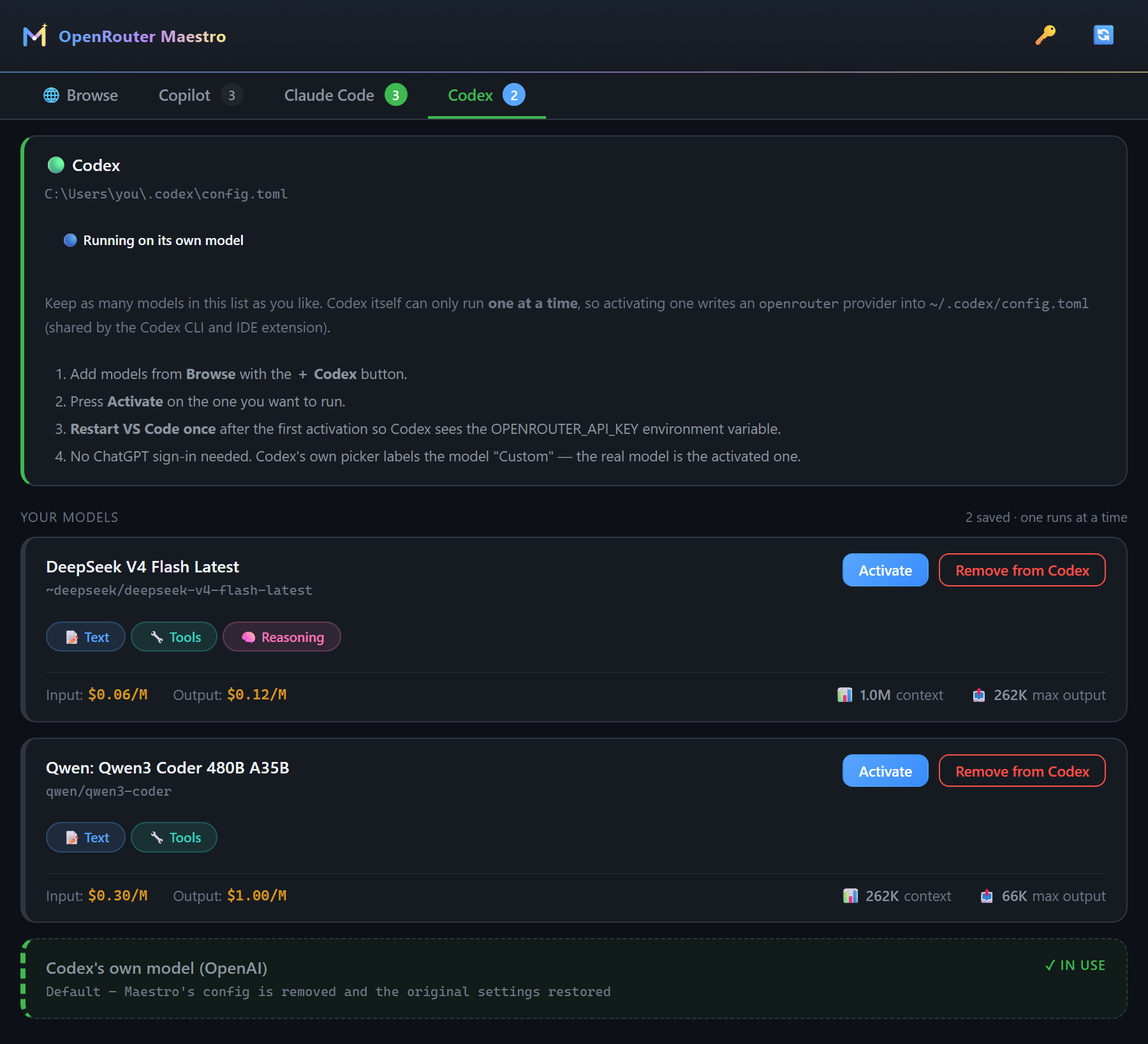 The Codex tab running on its own model, with two saved models ready to activate