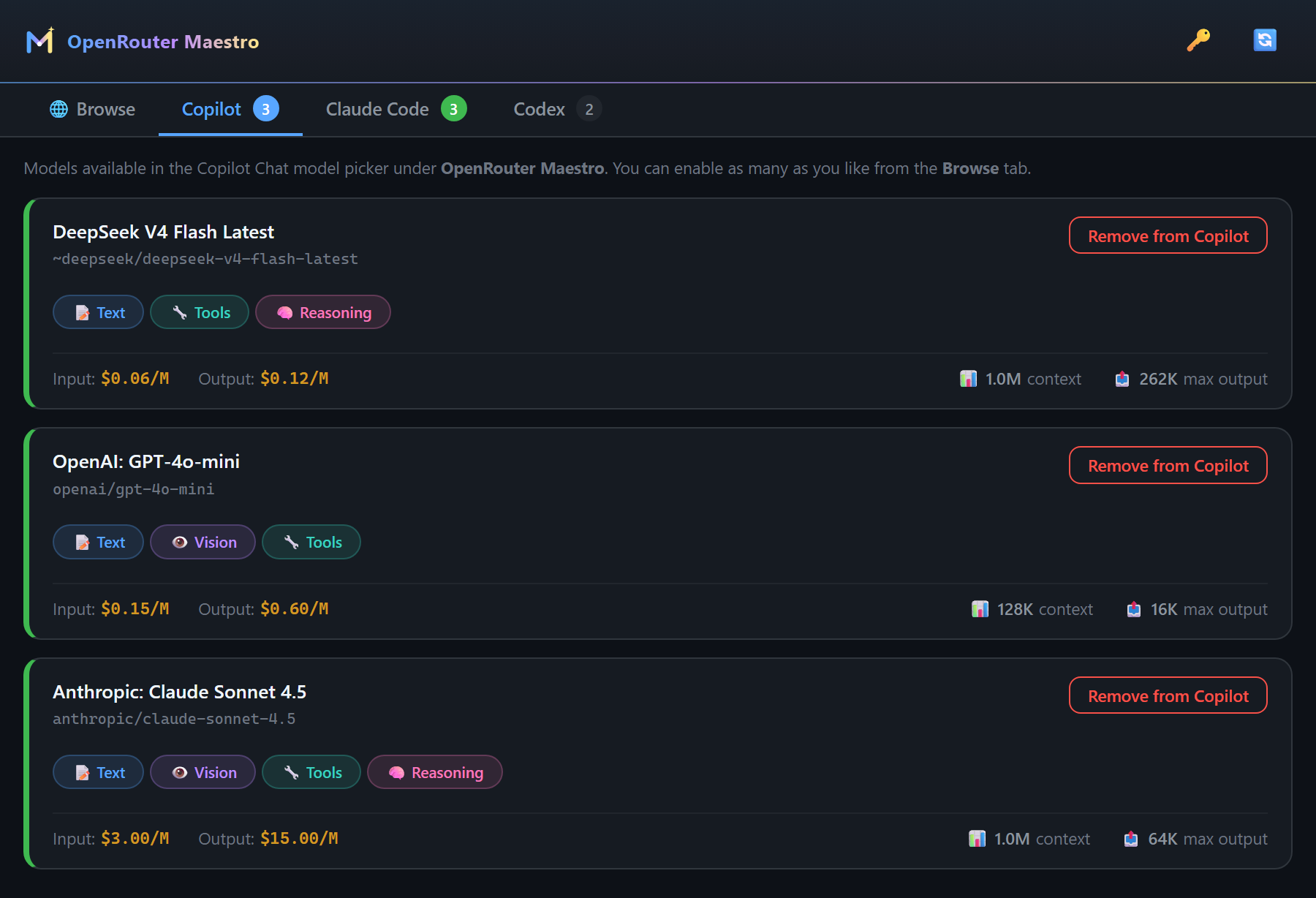 The Copilot tab listing three models that are live in the Copilot Chat picker