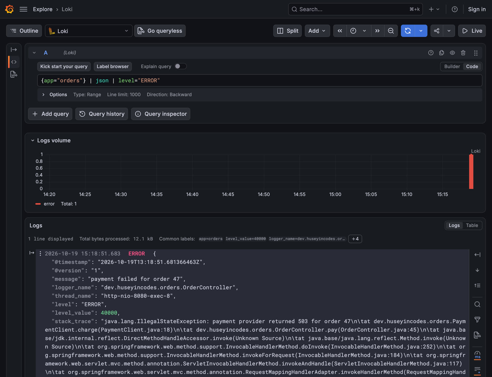 Grafana Explore: the ERROR line for order 47 with its stack trace