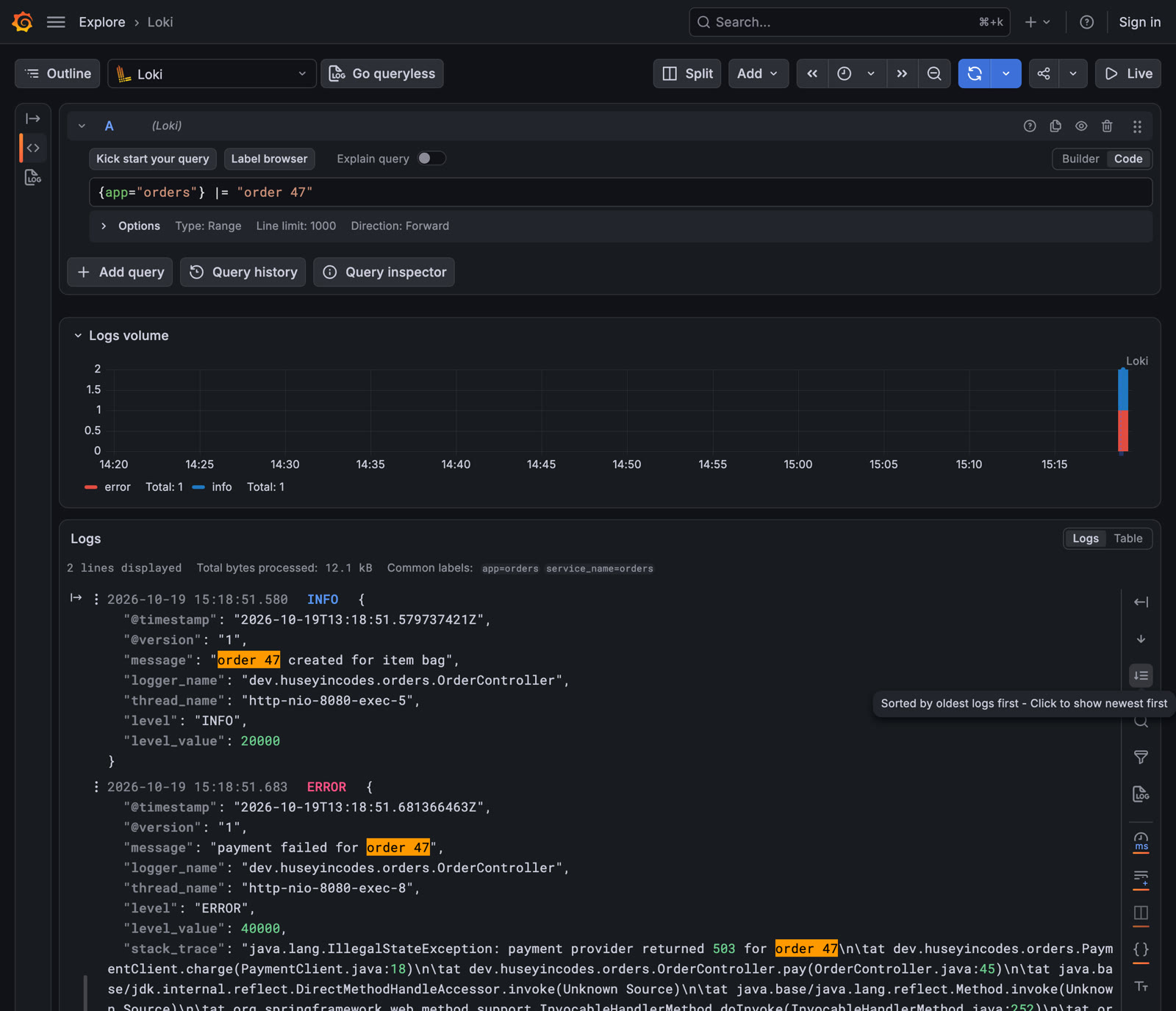 Grafana Explore: every line that mentions order 47