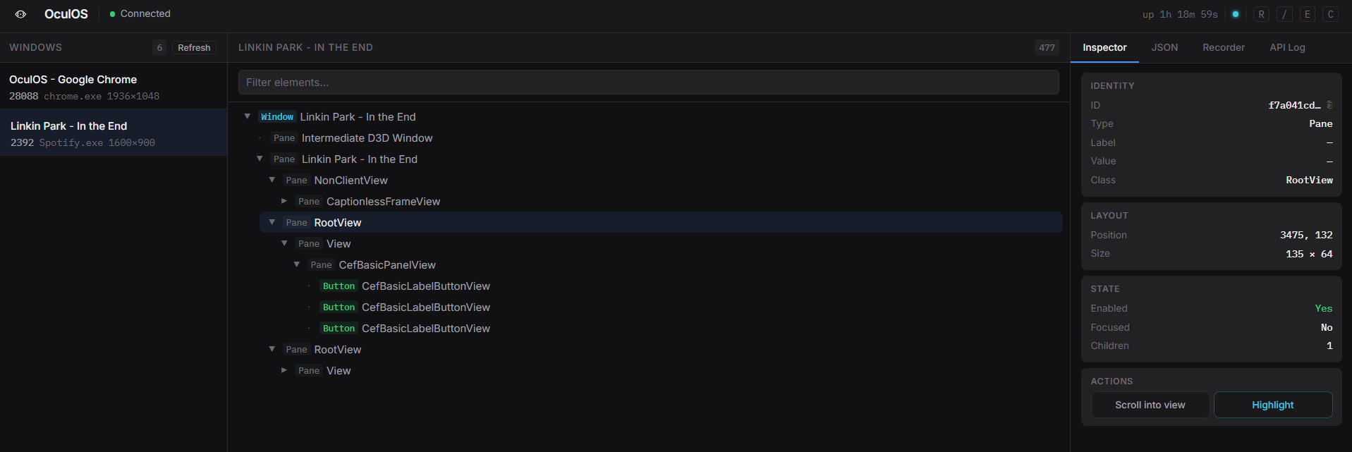 OculOS Dashboard — element tree inspector