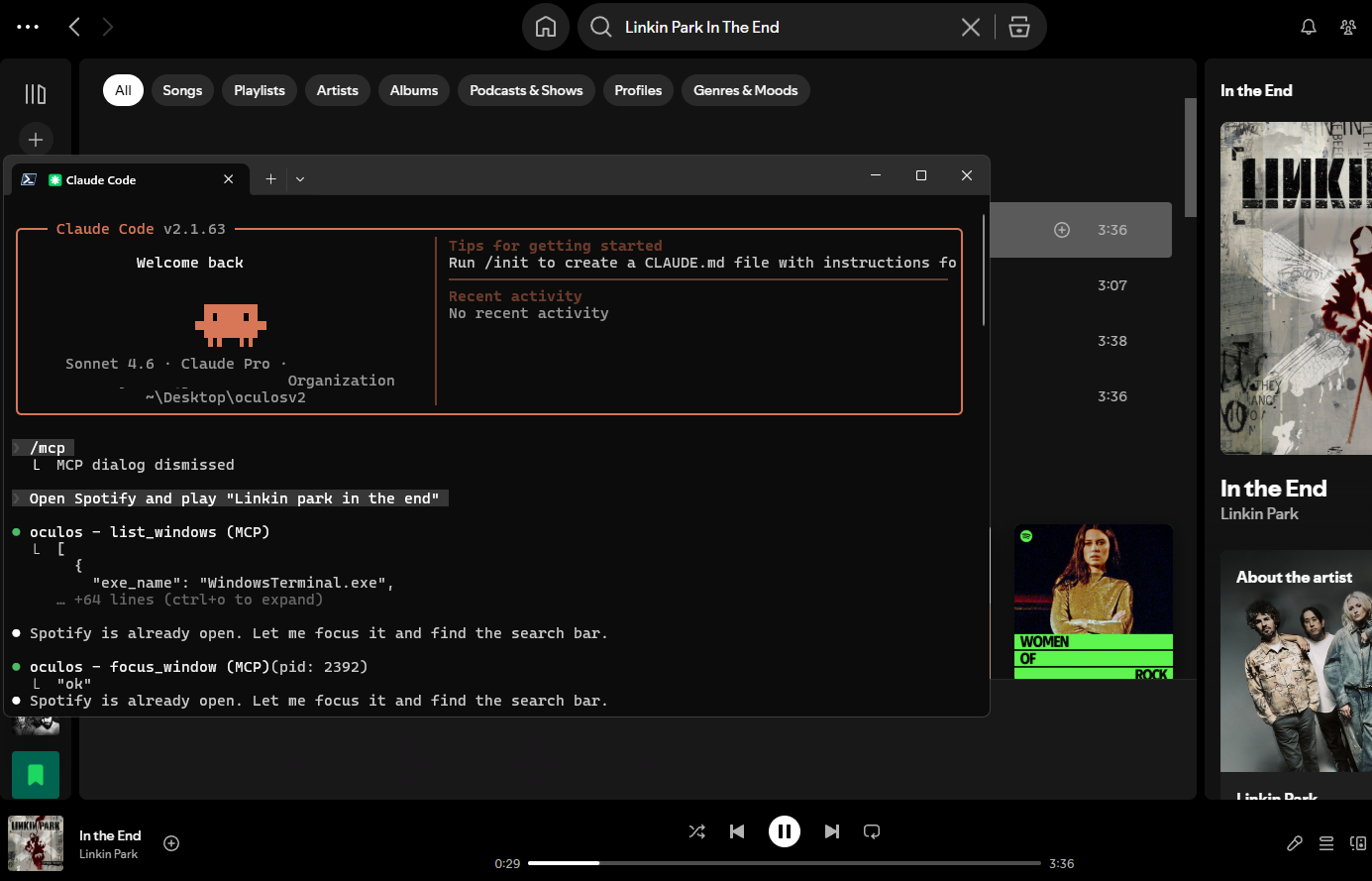 Claude Code controlling Spotify through OculOS MCP