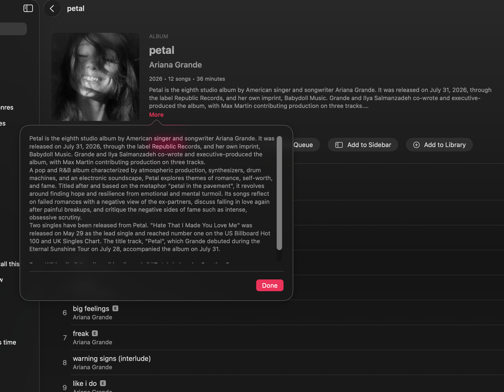 Expanded album description popover