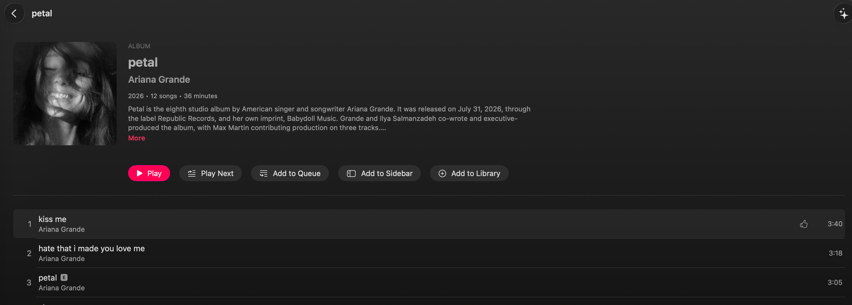 Album showing release year and description preview