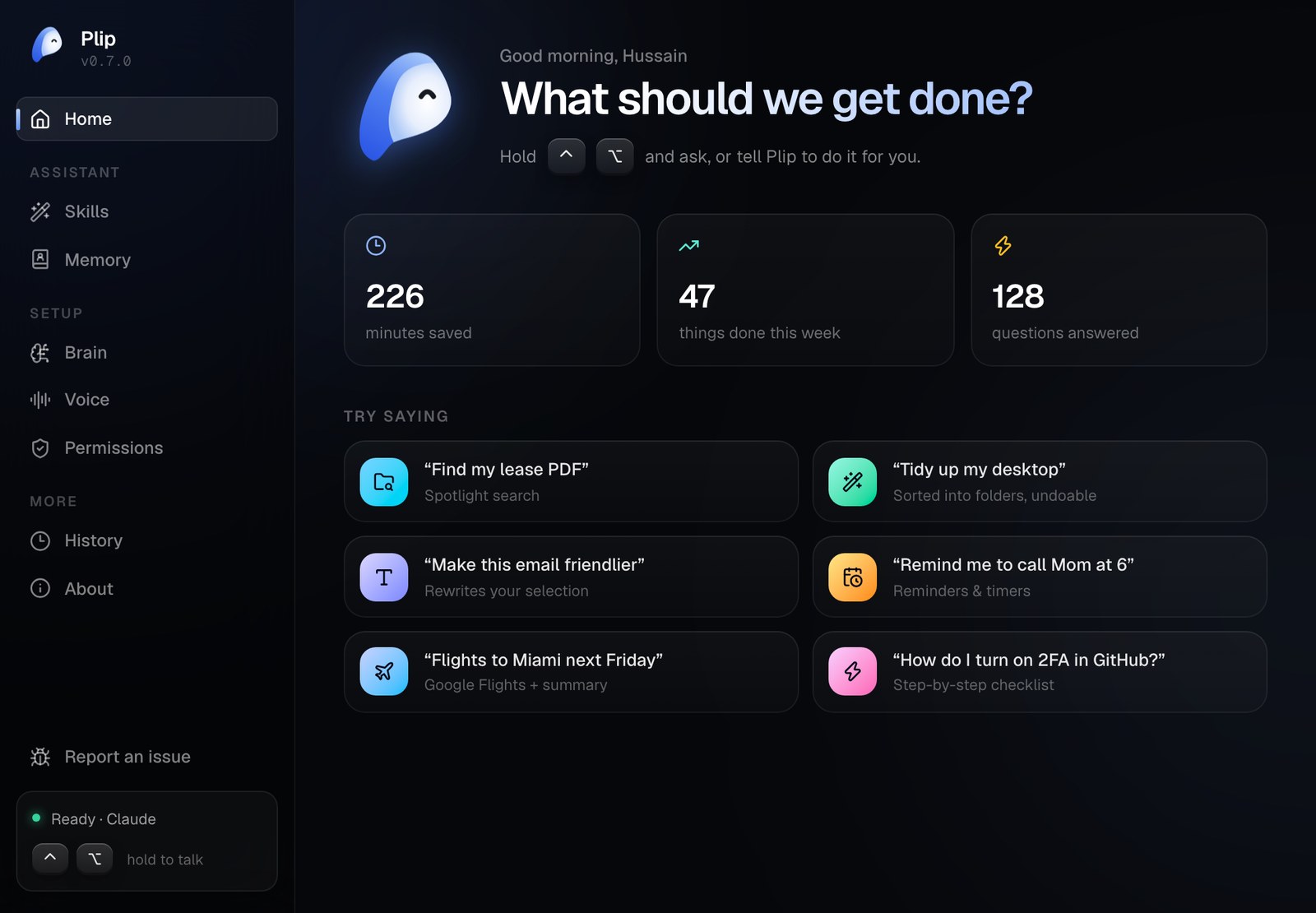 Plip's dashboard: stats and things to try