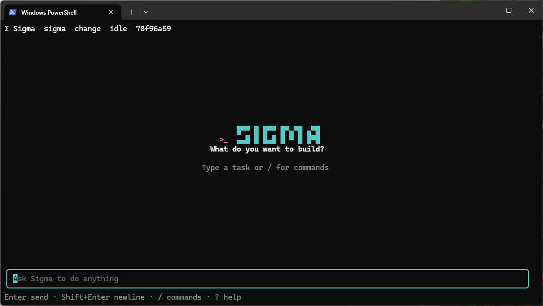 Sigma Code terminal UI running in Windows PowerShell