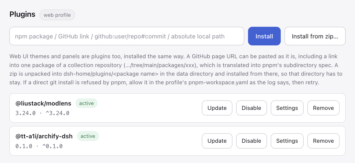 Plugin manager listing installed plugins with update, disable, settings and remove