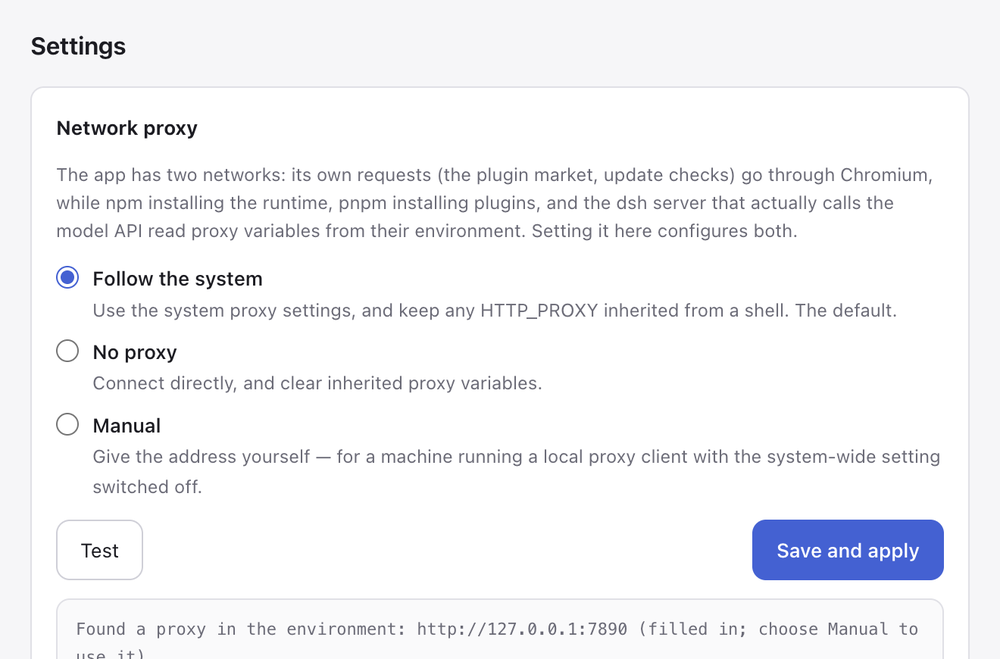 Proxy settings covering both the Chromium and the child-process network