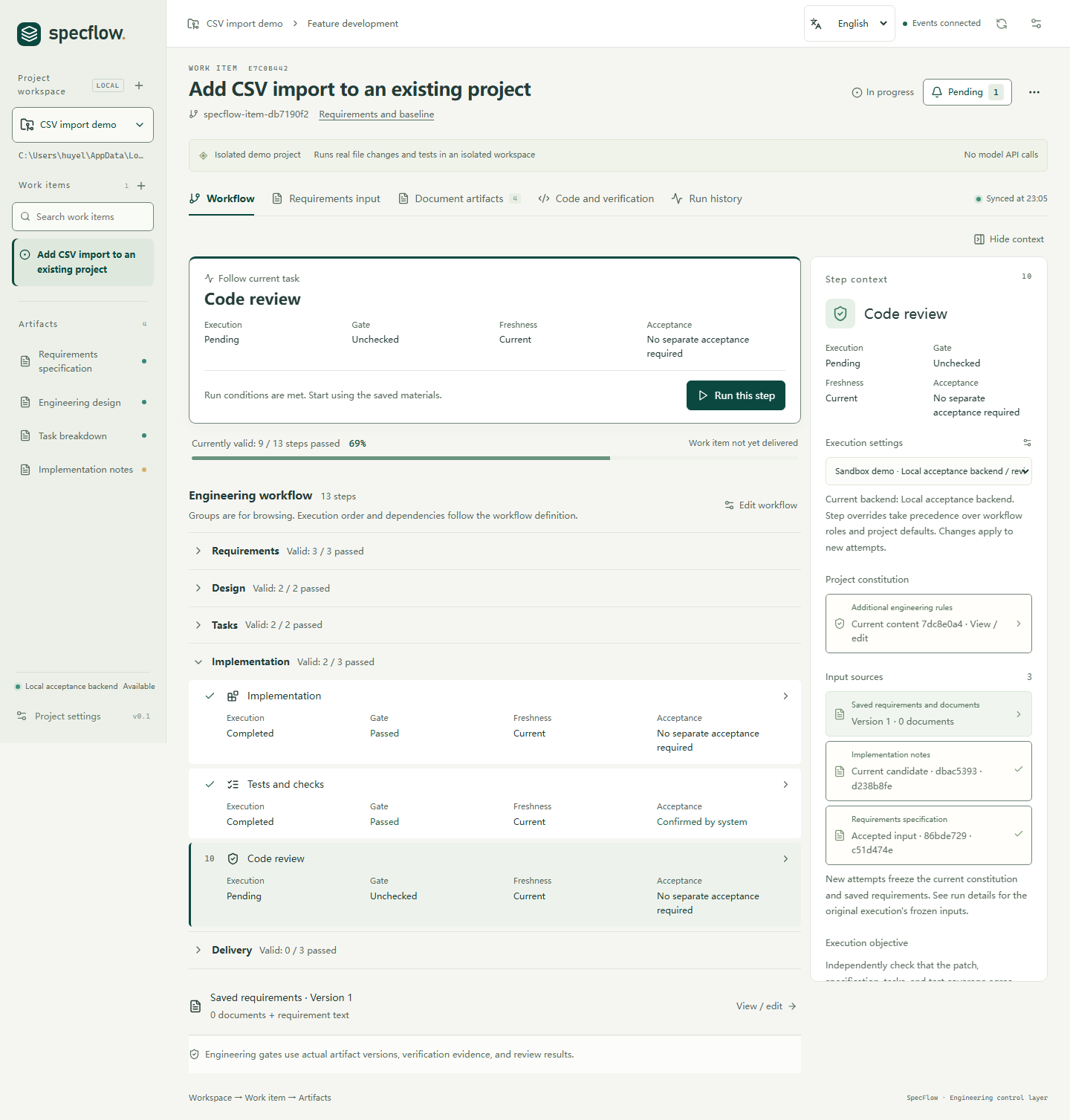 SpecFlow English workbench showing the CSV import demo, workflow checkpoints, and linked documents