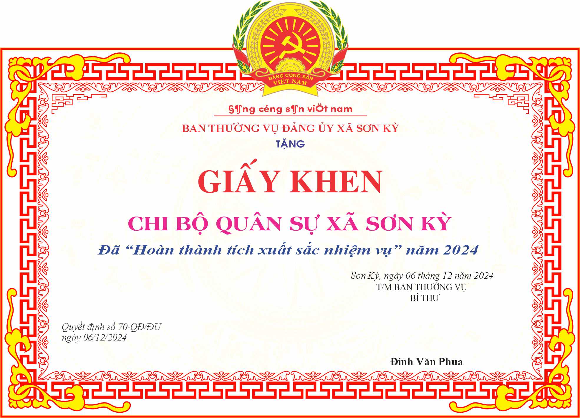Giấy Khen chi bộ quân sự