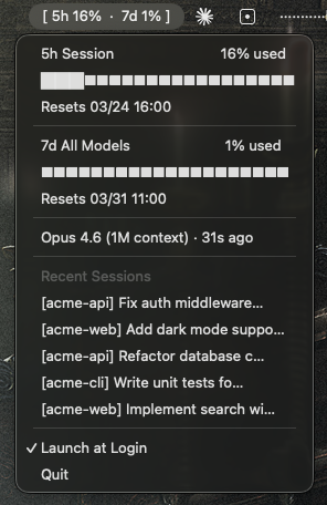 claude-usage-bar in the macOS menu bar