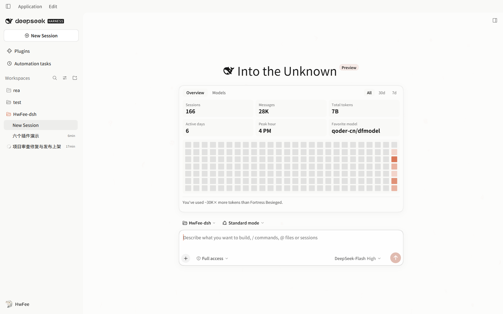 A new DSH session: the hero headline, the usage panel under it with its six counters and heatmap, and the composer