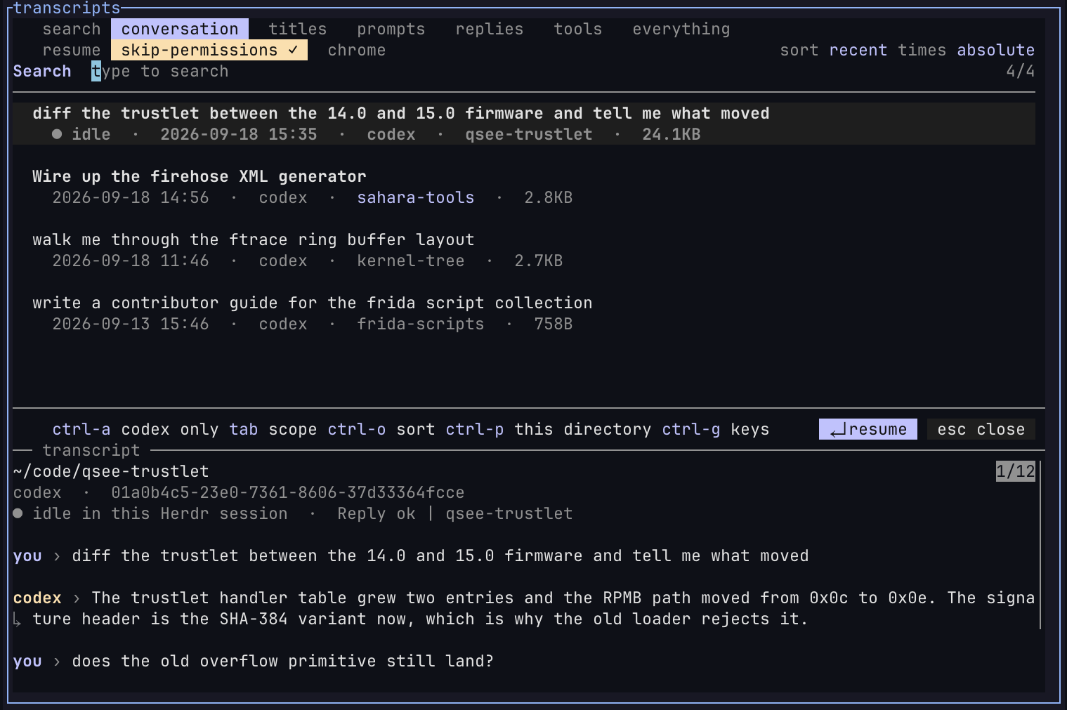 The list limited to codex sessions with absolute dates