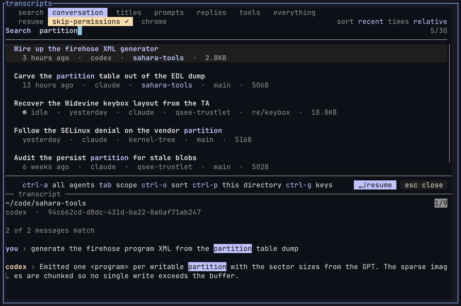 A one-word query, the sessions that mention it, and the preview with the matching message highlighted