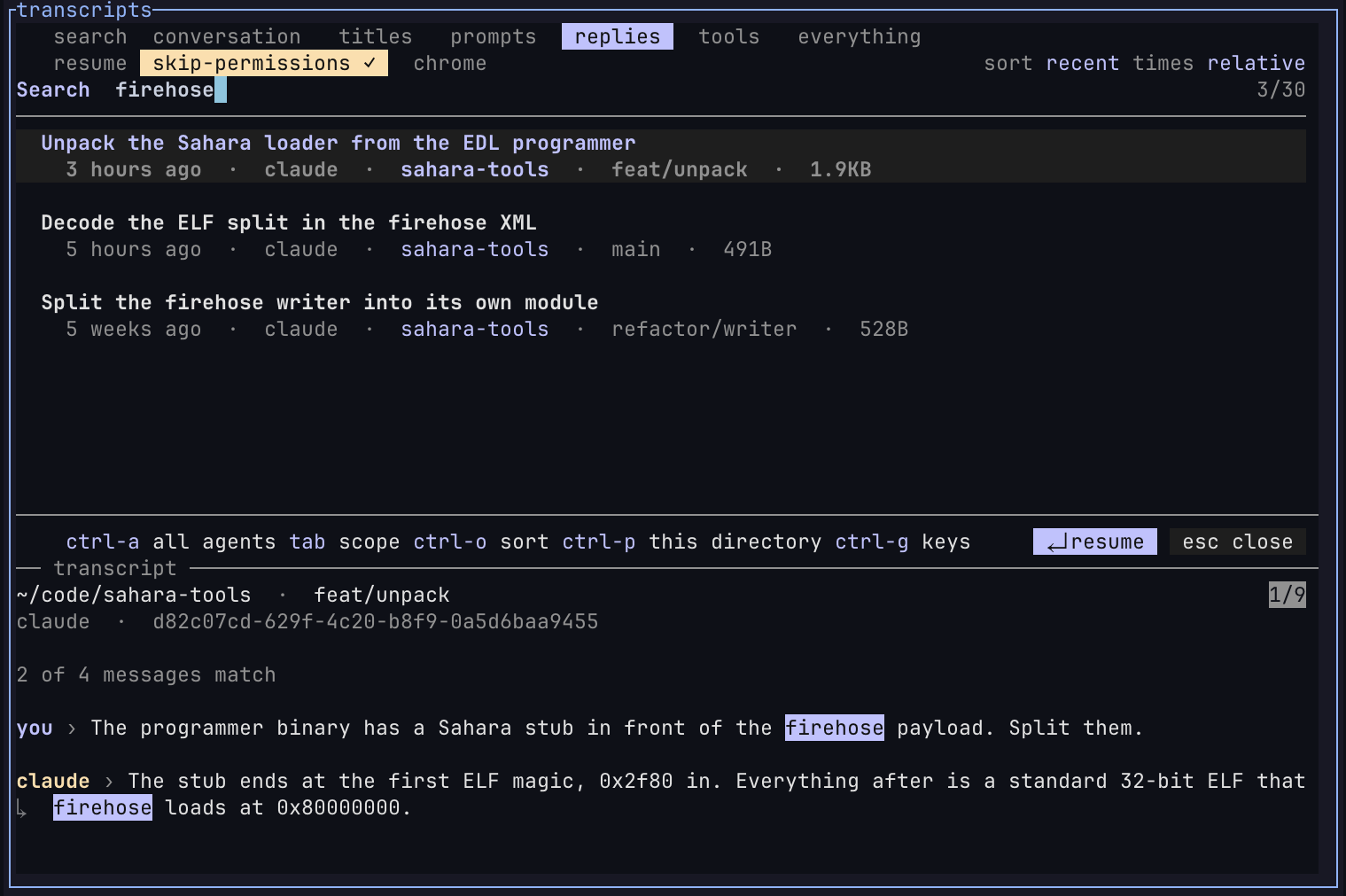 The replies scope: sessions where the agent said the word, with the reply highlighted in the preview