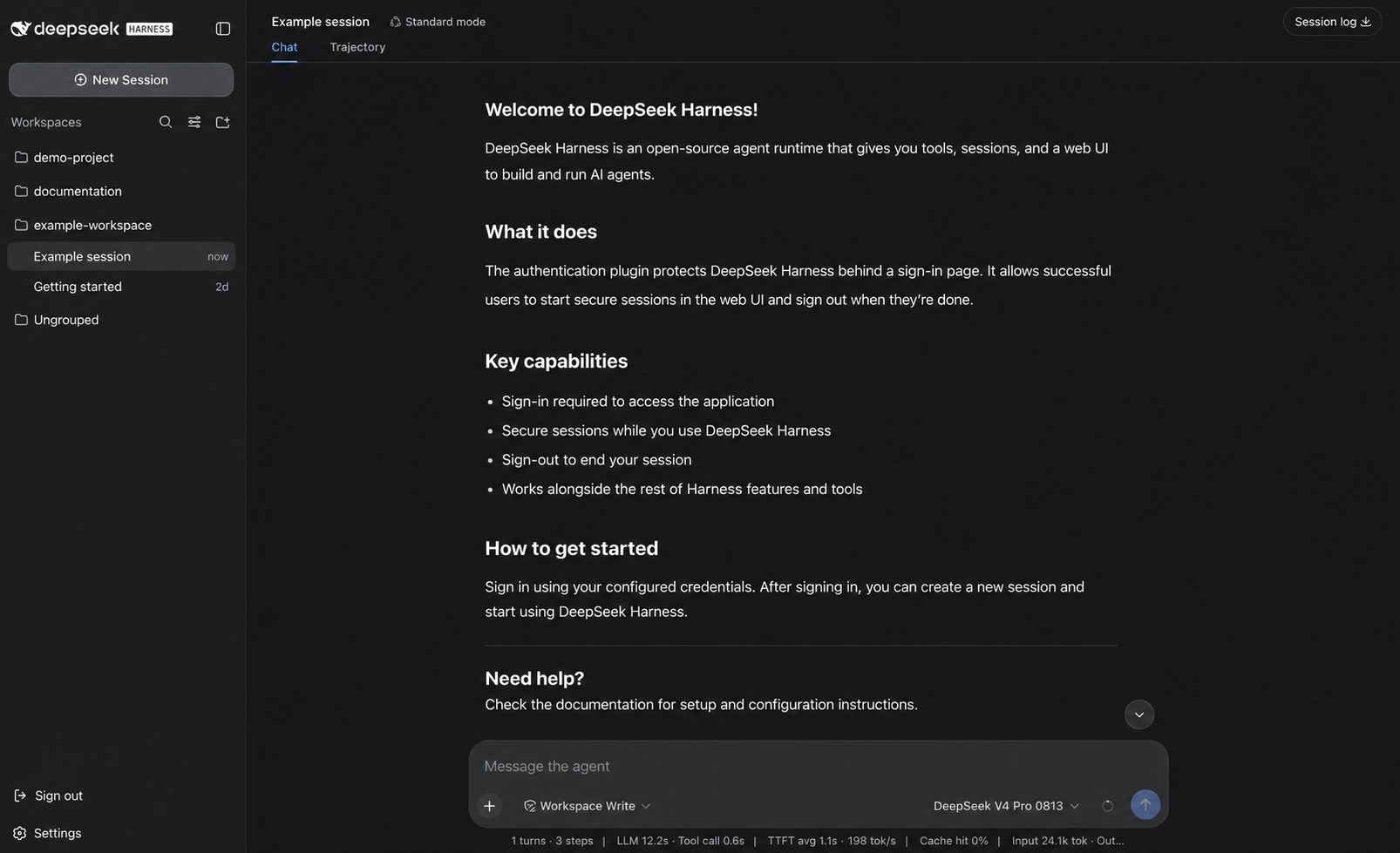 Authenticated DeepSeek Harness Web app with the dsh-auth sign-out action