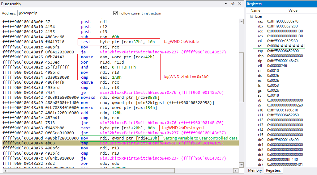 Debugging succesful run of exploit