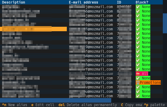 screenshot of fxrelay-ui showing several addresses