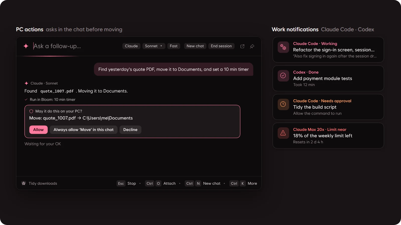 A chat asking Allow, Always or Decline before it moves a PDF into Documents, and Claude Code and Codex work notifications