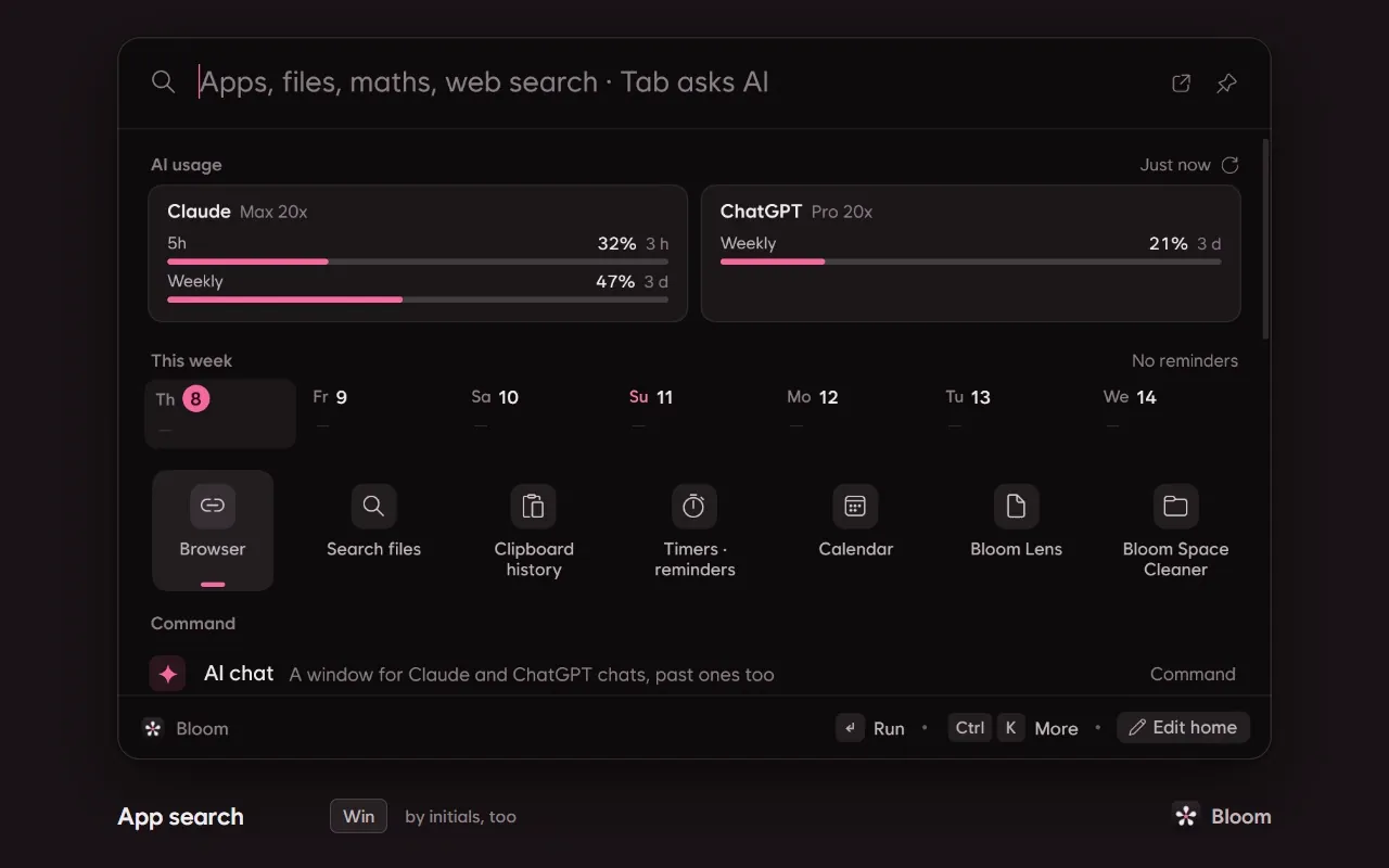 Bloom demo: finding Chrome by its initials, maths, a unit, a reminder, emoji, clipboard history, the color picker, asking AI, a PC task approved on its card, notes attached beside the launcher, a Claude Code task-done card, screen translation and Space Cleaner