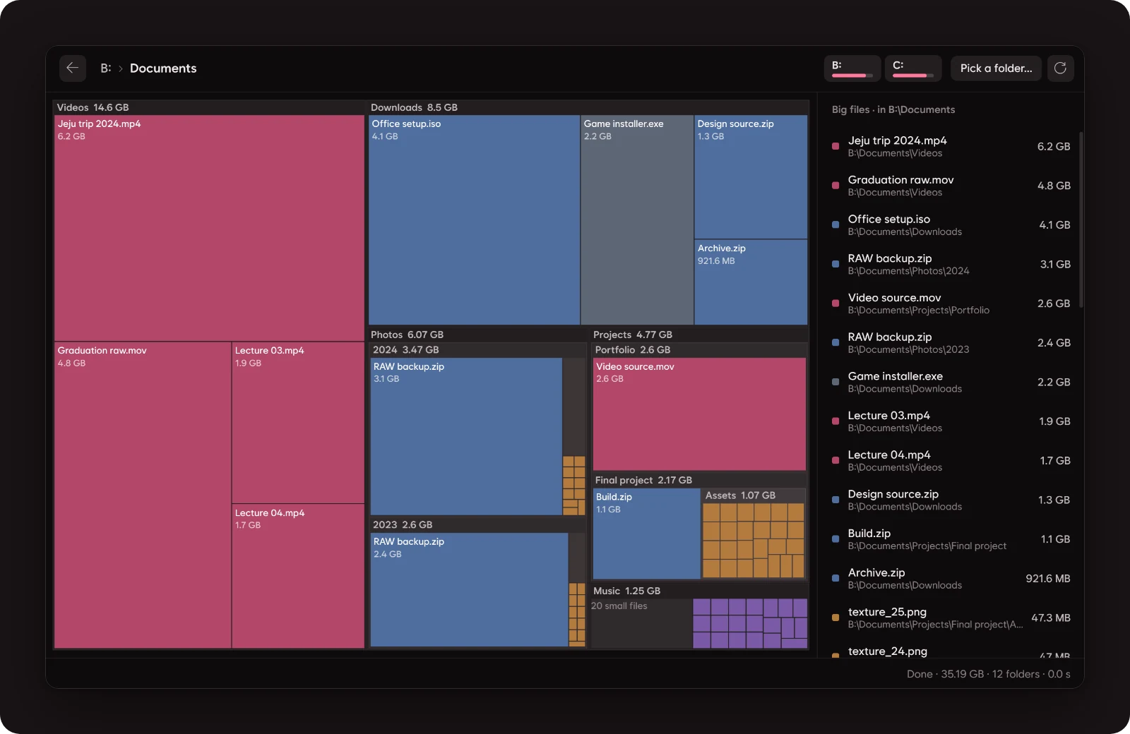 A map of a folder where videos, downloads, photos and projects are blocks as big as they are, with a list of the biggest files