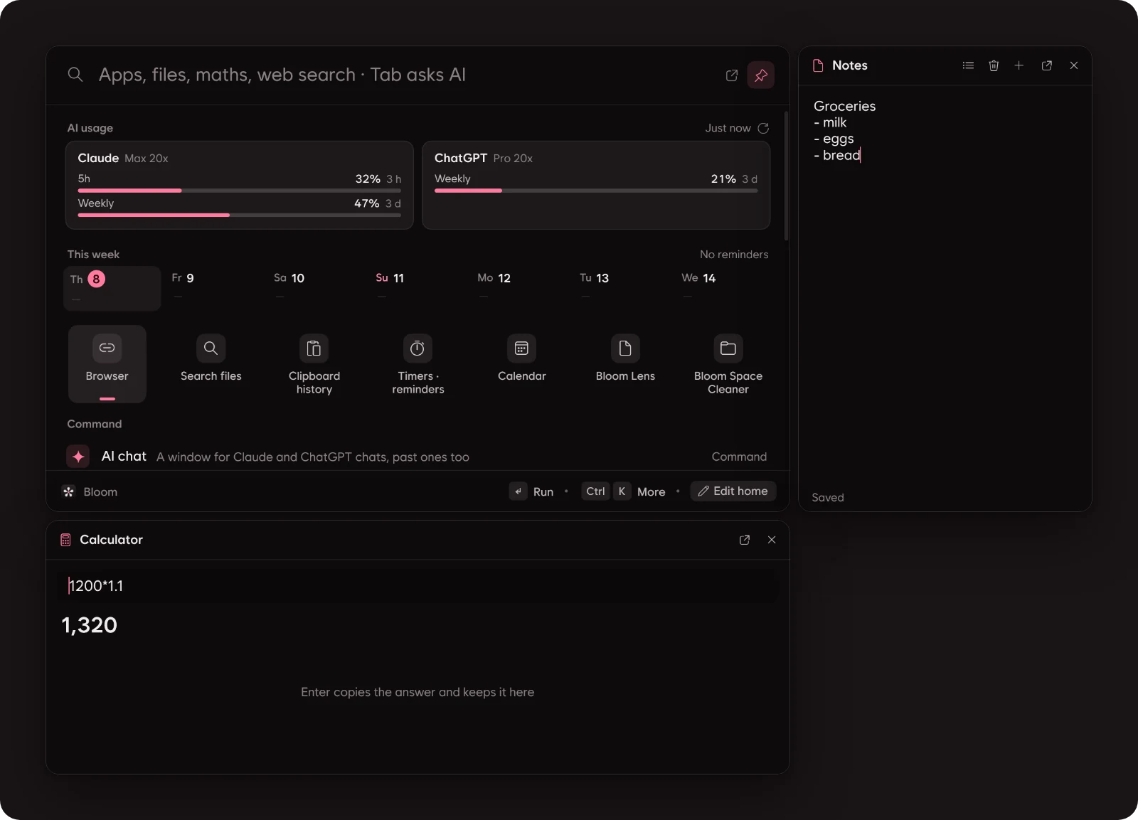 The pinned launcher with notes attached on its right and the calculator under it