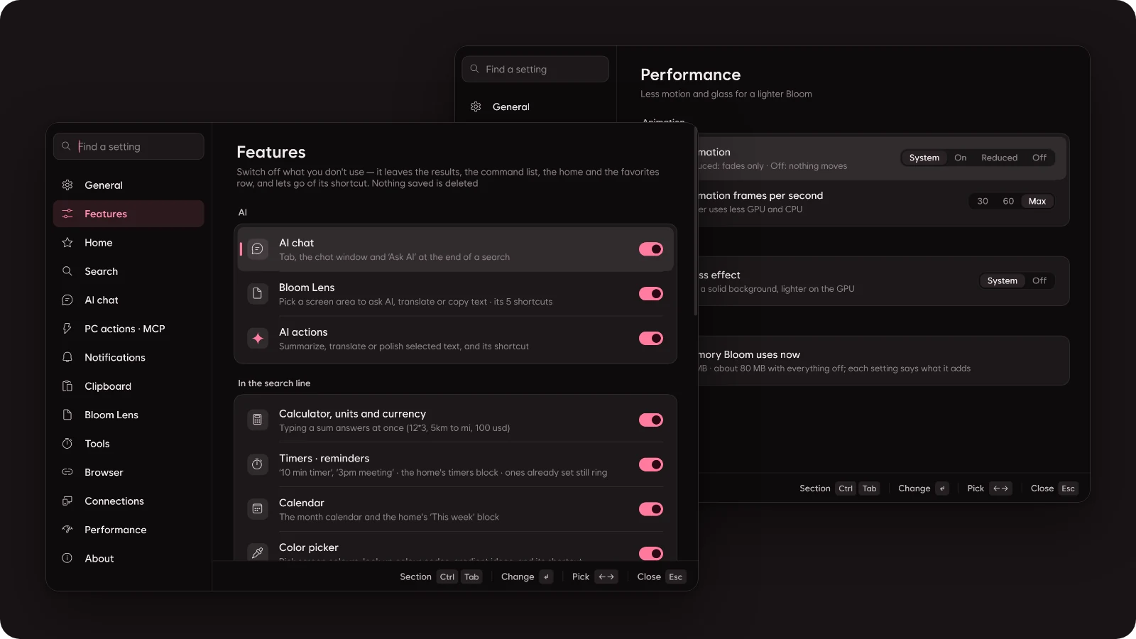 The Features page of the settings with a switch per feature, and the Performance page with animation, glass and memory