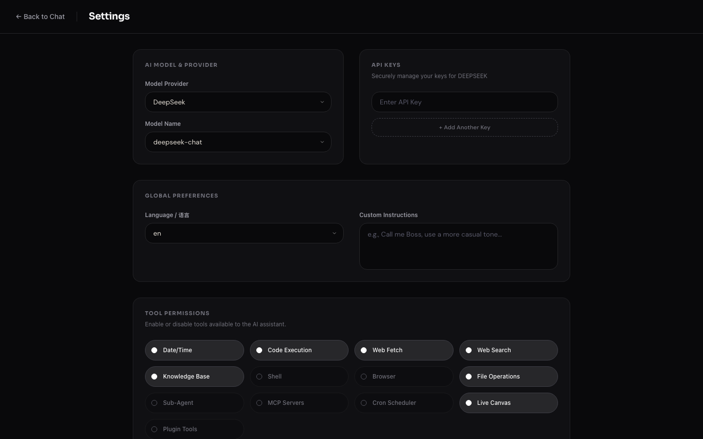 Settings page with LLM provider and tool permissions