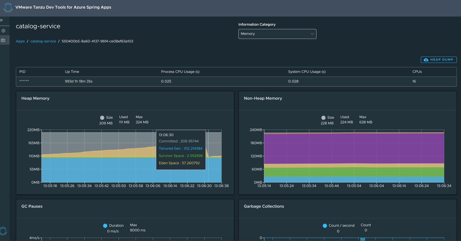 An example output from app live view memory