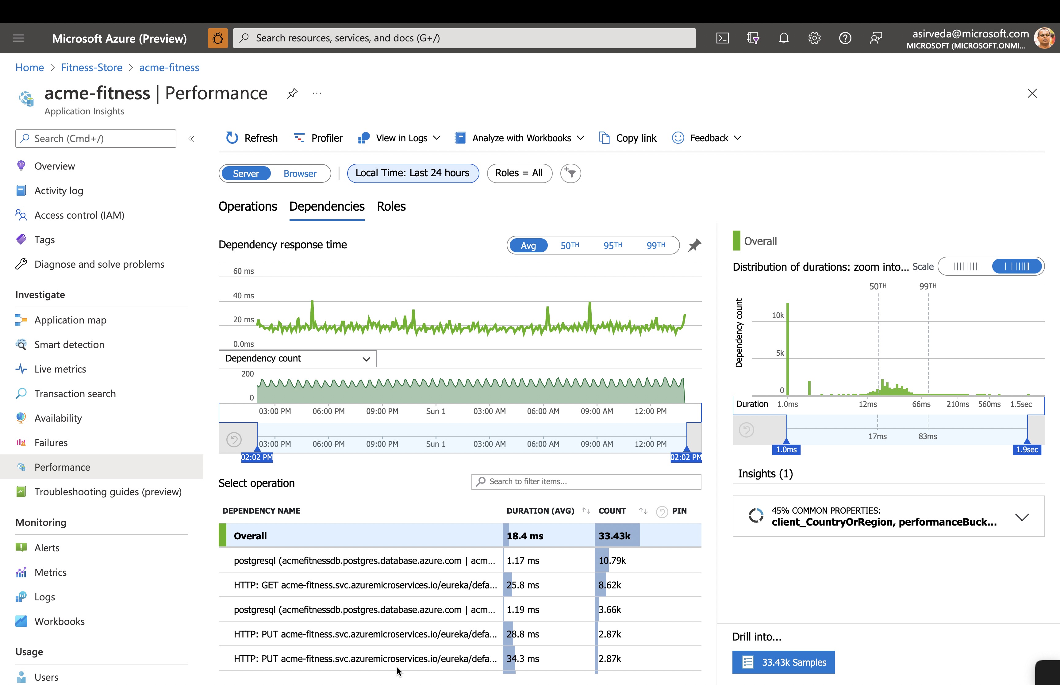 An image showing the Dependencies section of the Performance Blade of Azure Application Insights