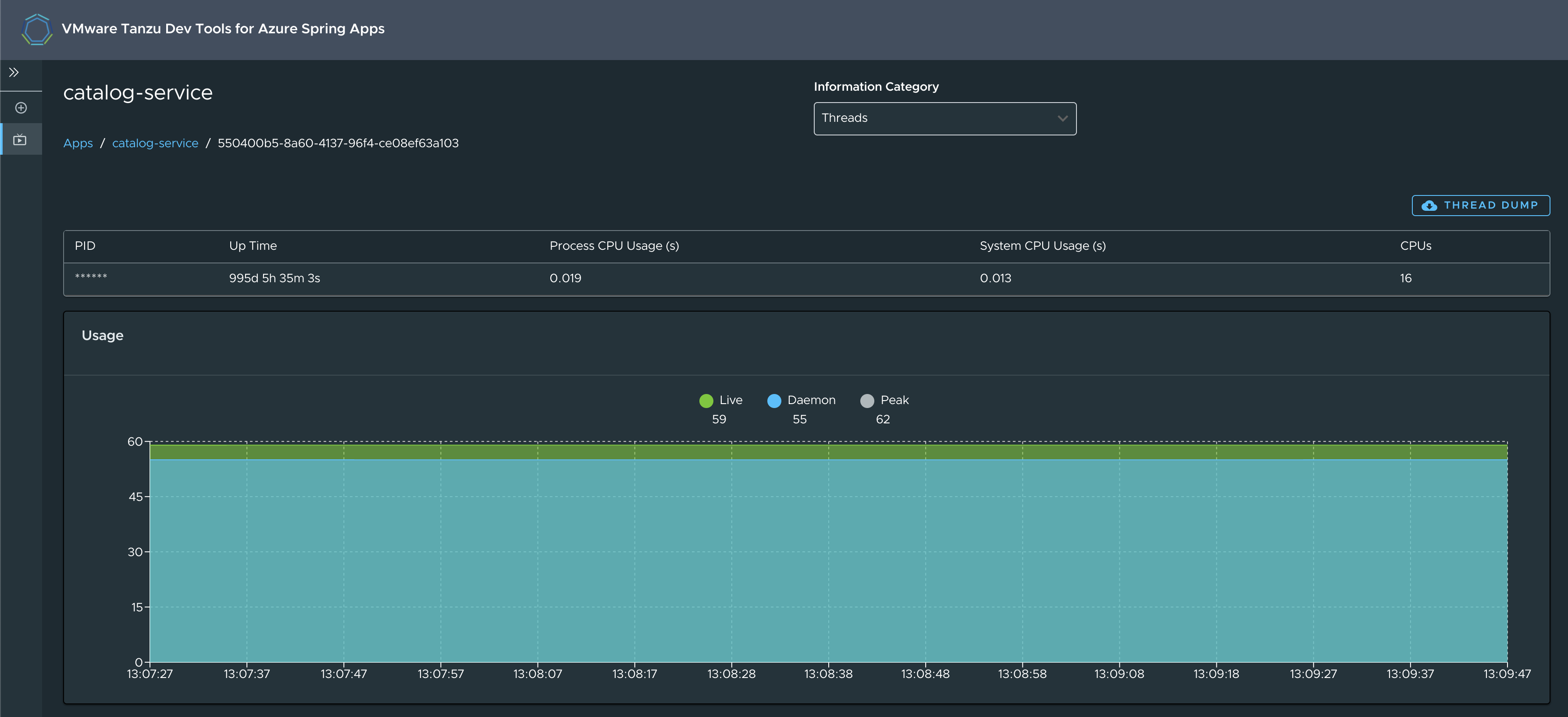 An example output from app live view threads