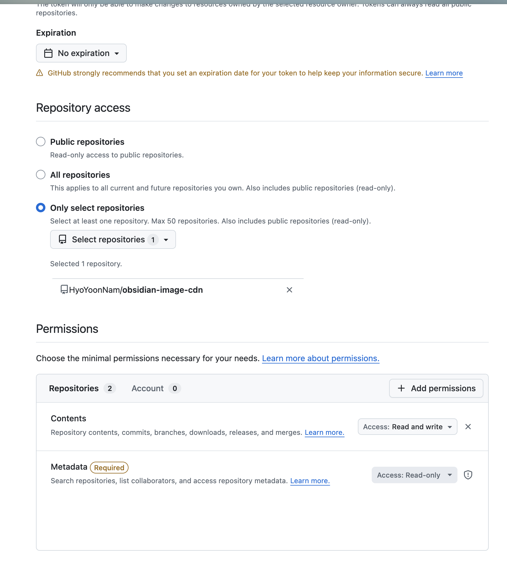 Fine-grained token settings with repository access limited to the image repo and Contents set to read and write