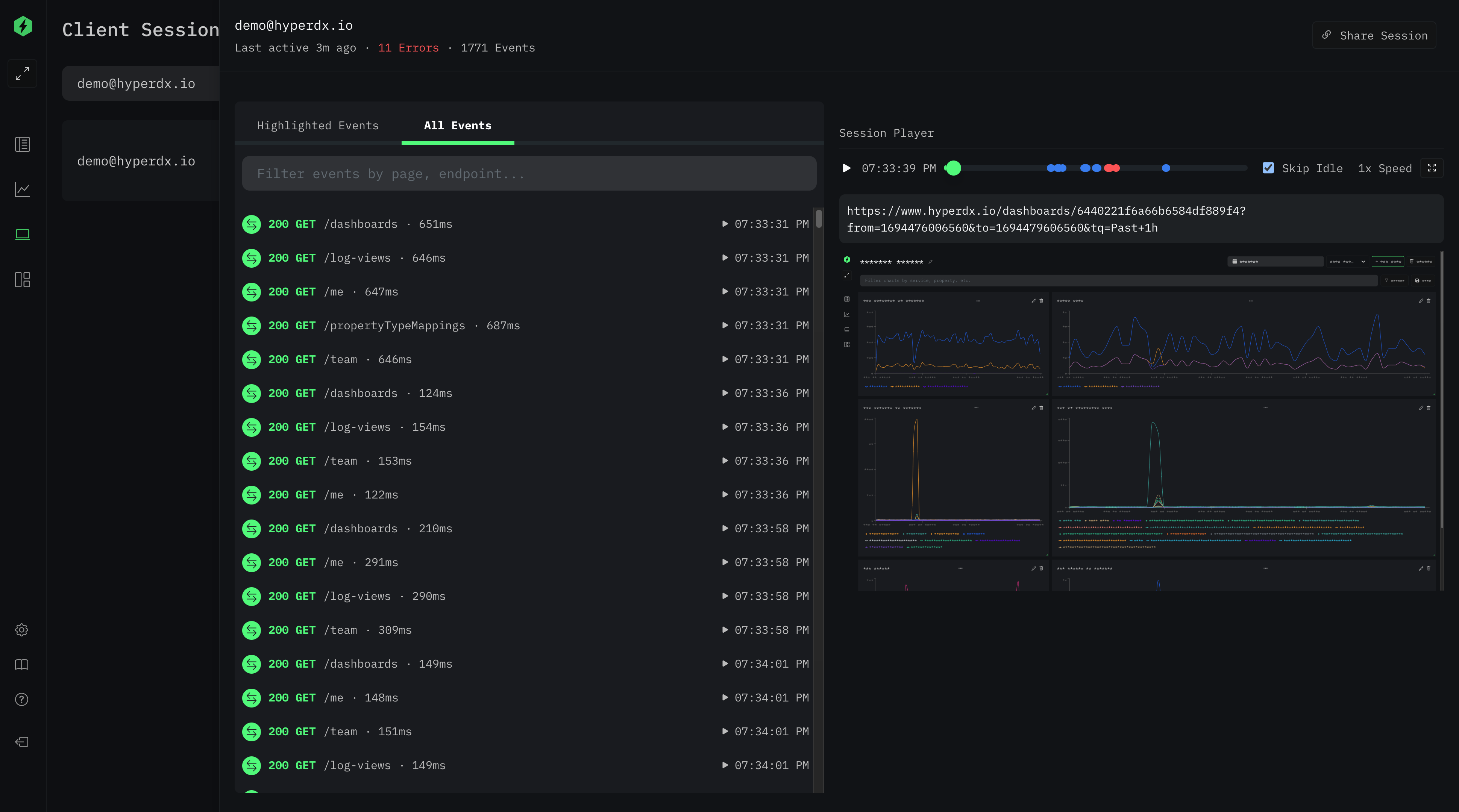 HyperDX session replay interface